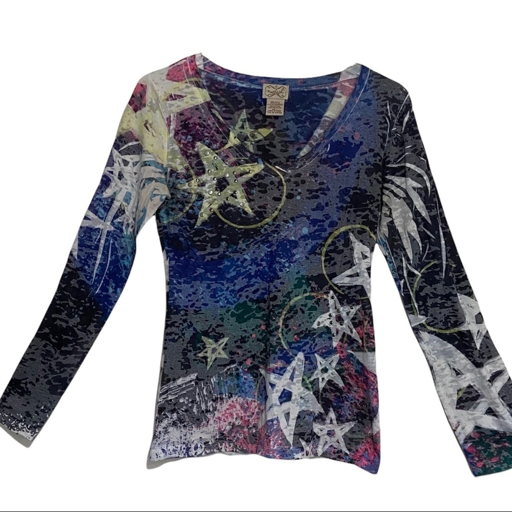 Eyelash Couture V-Neck Abstract Print Stars and Metal Studs Size Large